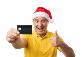 Man wearing a santa hat and yellow polo shirt, holding a credit card and giving a thumbs up, isolated on transparent background