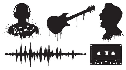 Set of music themed vector silhouettes including a guitar sound wave and cassette tape isolated on white background