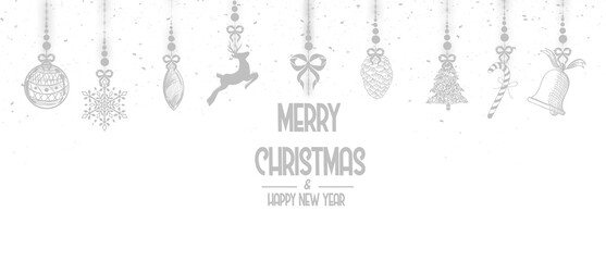 Silver Christmas ornaments frame with hanging bells, baubles, reindeer, pinecones and a candy cane, surrounding “Merry Christmas” and “Happy New Year” text on a transparent background, perfect for fes