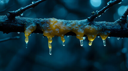 Tree branch resin drops nature close
