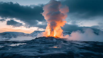 Volcano eruption landscape with smoke and mountains