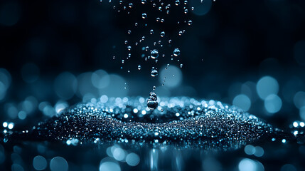 Water droplets on blue glittery surface