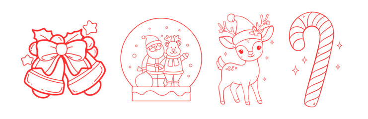 Christmas icons collection: festive bells, santa & reindeer snow globe, cute deer, candy cane