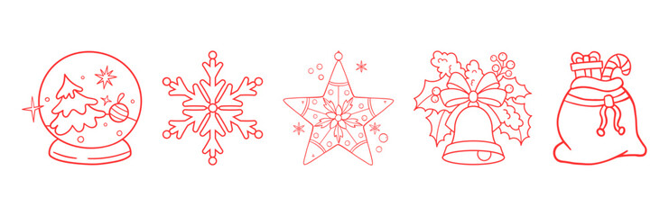 Collection of festive red line art icons: christmas tree snow globe, snowflake, star, holly bell, and gift bag.