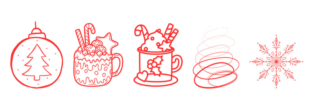 Christmas holiday icons: bauble, hot chocolate, candy cane, tree, snowflake, abstract lines - Powered by Adobe