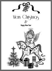Cute little angel riding a toy wooden horse, Christmas decorations and gifts. Christmas card. Vector.