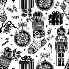 Festive wrapping paper. Christmas seamless pattern. Vintage Christmas toys and gifts. Xmas symbols. Vector. Black and white background.