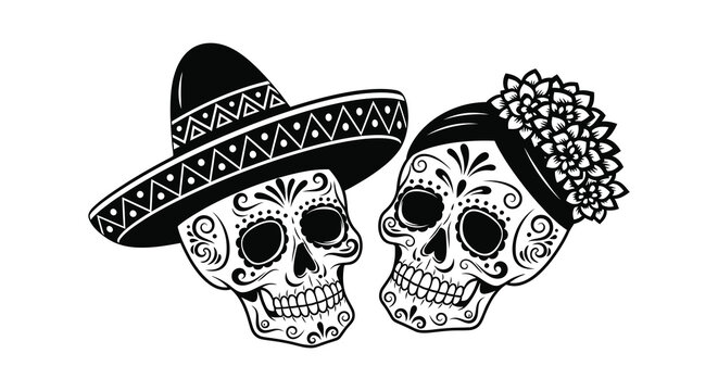 Dia de los muertos decorative skull couple with traditional hats and flowers