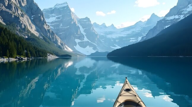 Pristine alpine lake with canoe and mountain reflection
