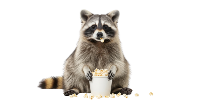 Funny raccoon eating popcorn isolated PNG with Transparent Background