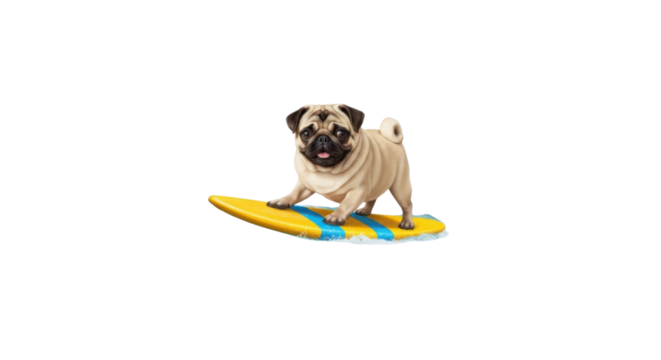 Cute pug dog surfing on surfboard isolated PNG with Transparent Background
