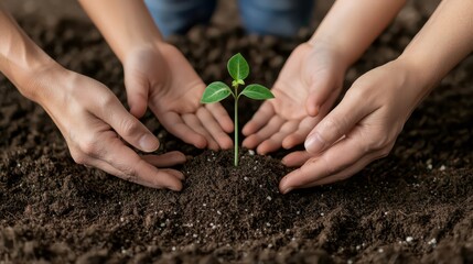Four hands nurturing a small sprout in rich soil, symbolizing growth, care, and environmental stewardship.