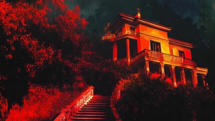Haunted mansion on hill with ominous red glow - Powered by Adobe