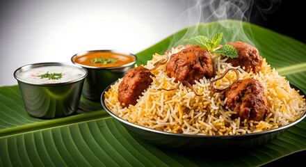 Delicious and flavorful chicken biryani served with raita and gravy on a banana leaf, a popular indian dish known for its rich aroma and taste, perfect for food photography and culinary enthusiasts
