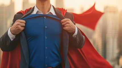 Fototapeta premium A confident individual in a suit reveals a superhero costume underneath, set against a city skyline, symbolizing strength and empowerment.