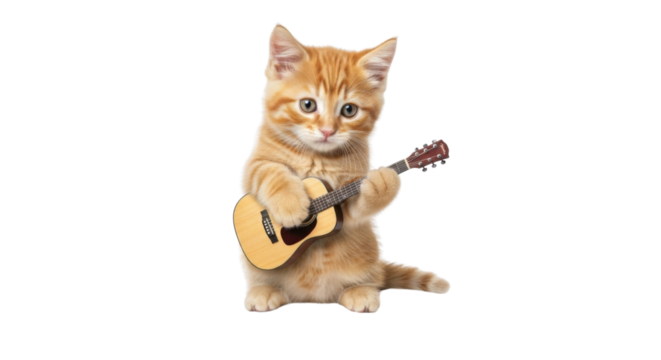Ginger kitten playing acoustic guitar isolated PNG with Transparent Background