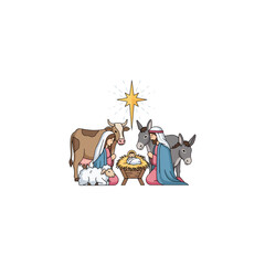 Nativity Scene Illustration with Baby Jesus, Mary, Joseph, Cow, Donkey, Sheep, and Star of Bethlehem