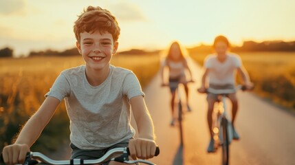 A joyful boy rides his bike, smiling in the golden light of sunset, accompanied by two friends cycling along a peaceful country road.