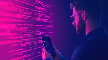 A man in sunglasses interacts with a smartphone against a vibrant, digital backdrop, reflecting themes of technology and modern communication.