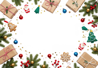Christmas festive frame with fir branches, gift box, bauble, and gingerbread cookie isolated on transparent background