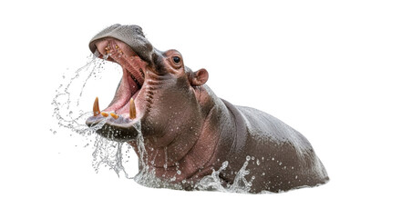 Fototapeta premium Hippopotamus with open mouth splashing water isolated PNG with Transparent Background