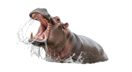 Hippopotamus with open mouth splashing water isolated PNG with Transparent Background