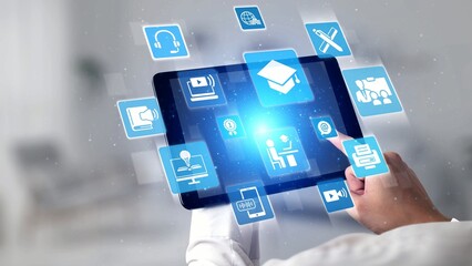 Online education icons show e-learning, online education classes, and digital study. Online education enables global online education access, flexible learning. Gist