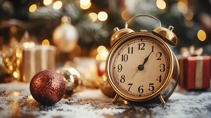 Festive holiday scene with a vintage clock, ornaments, and gifts, evoking a sense of anticipation and warmth.