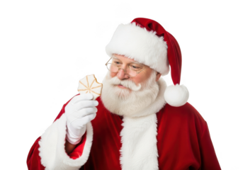 Santa claus wearing his traditional red suit and hat, holding and looking at a christmas cookie, isolated on transparent background