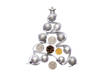 Christmas tree shape made of silver baubles, pine cone, and ribbon, isolated on transparent background