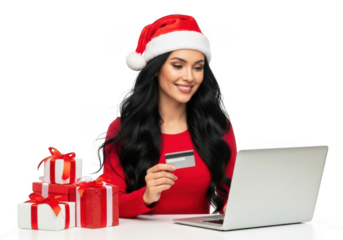 Woman in santa hat holding credit card and laptop for online christmas shopping isolated on transparent background