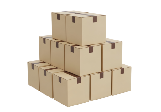 Stack of cardboard boxes arranged on a clean white background for shipping and storage purposes