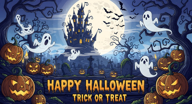 Spooky halloween night with haunted castle full moon ghosts and jack o lanterns