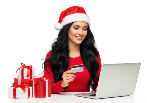 Woman in santa hat holding credit card and laptop for online christmas shopping isolated on transparent background