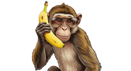 Cool monkey wearing sunglasses with banana phone isolated PNG with Transparent Background