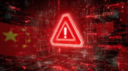 Fototapeta premium Cybersecurity alert concept with digital warning signs and Chinese flag overlay on red background symbolizing internet system threat or data attack risk. 