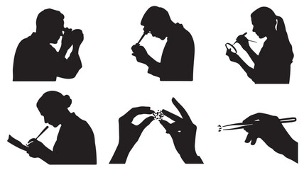 Set of silhouette illustrations of jewelers inspecting and working on jewelry vector design for professional services isolated on white background