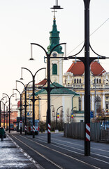 Moon Church (Biserica cu Luna) and a tram stop in Oradea, Romania