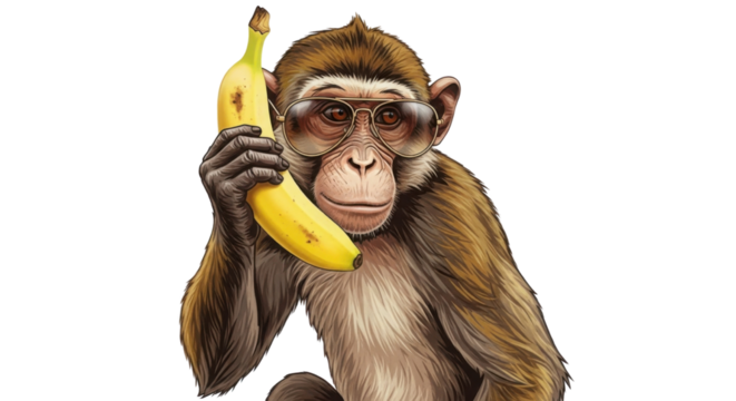 Cool monkey wearing sunglasses with banana phone isolated PNG with Transparent Background