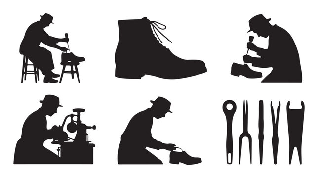 Silhouettes of a shoemaker repairing shoes vector illustration of cobbler at work isolated on white background