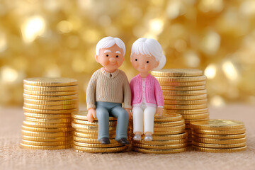 Happy elderly couple with golden coins representing financial prosperity and retirement savings