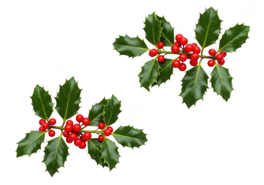 Two branches of holly with green leaves and red berries isolated on transparent background