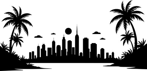 Tropical City Skyline Vector Black