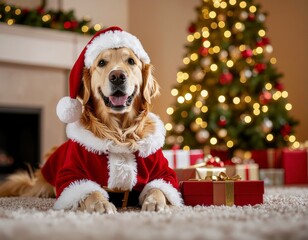 Perrito Santa junto al pino
