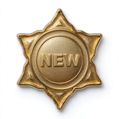 Golden new product star badge, premium shiny label, isolated on white isolated on white background