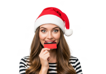 Young woman wearing a santa hat and holding a red credit card in front of her mouth, isolated on transparent background