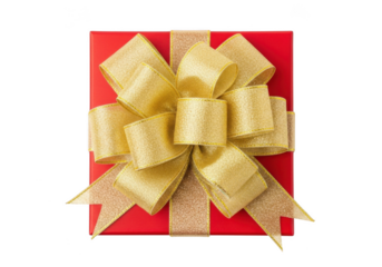 A closeup, topdown view of a red gift box with a large, shimmering gold glitter bow and ribbon, isolated on transparent background