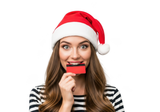 Young woman wearing a santa hat and holding a red credit card in front of her mouth, isolated on transparent background