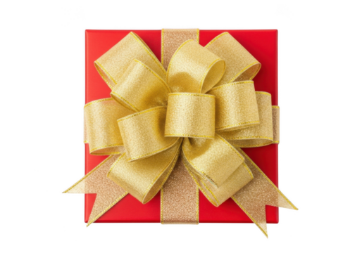 A closeup, topdown view of a red gift box with a large, shimmering gold glitter bow and ribbon, isolated on transparent background