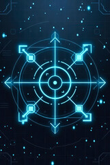 Futuristic blue holographic interface with geometric patterns and digital elements.